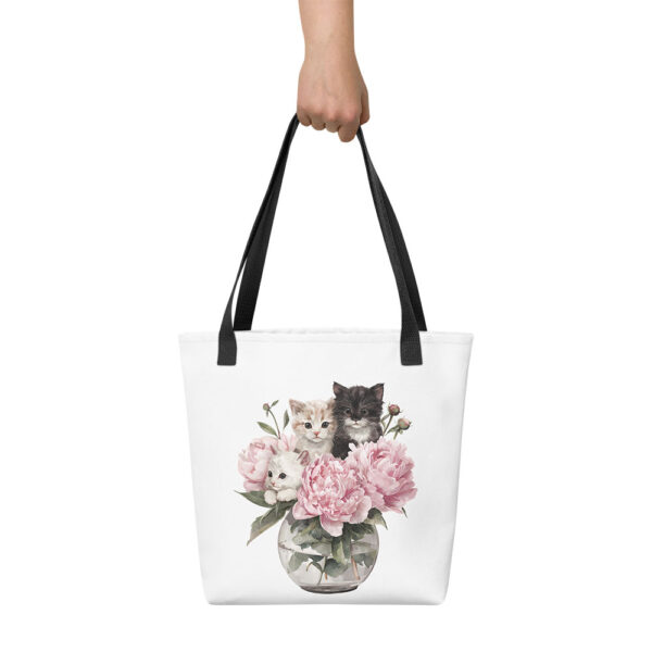 Tote bag blanc et anses noires : chatons en bouquet
