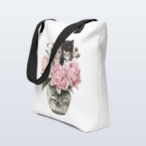 Tote bag blanc et anses noires : chatons en bouquet