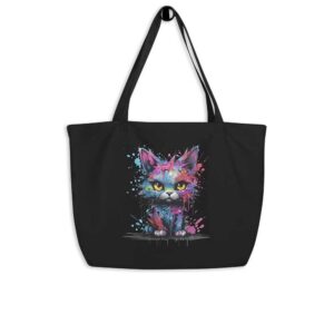 Grand Tote bag chat, noir et chat street art fluo