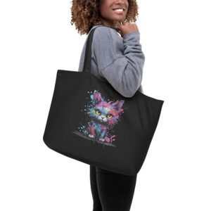 Grand Tote bag chat, noir et chat street art fluo